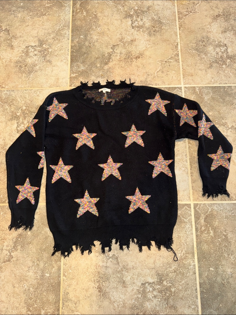 entro Black Crewneck Sweater with Multicolor Star Appliqués